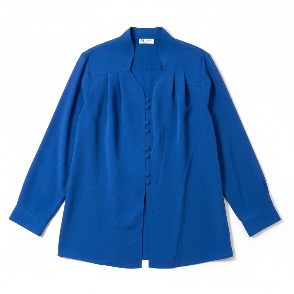 Maggie Sweet Royal Blue Long Sleeve Notched V-Neck Pleated Blouse Top